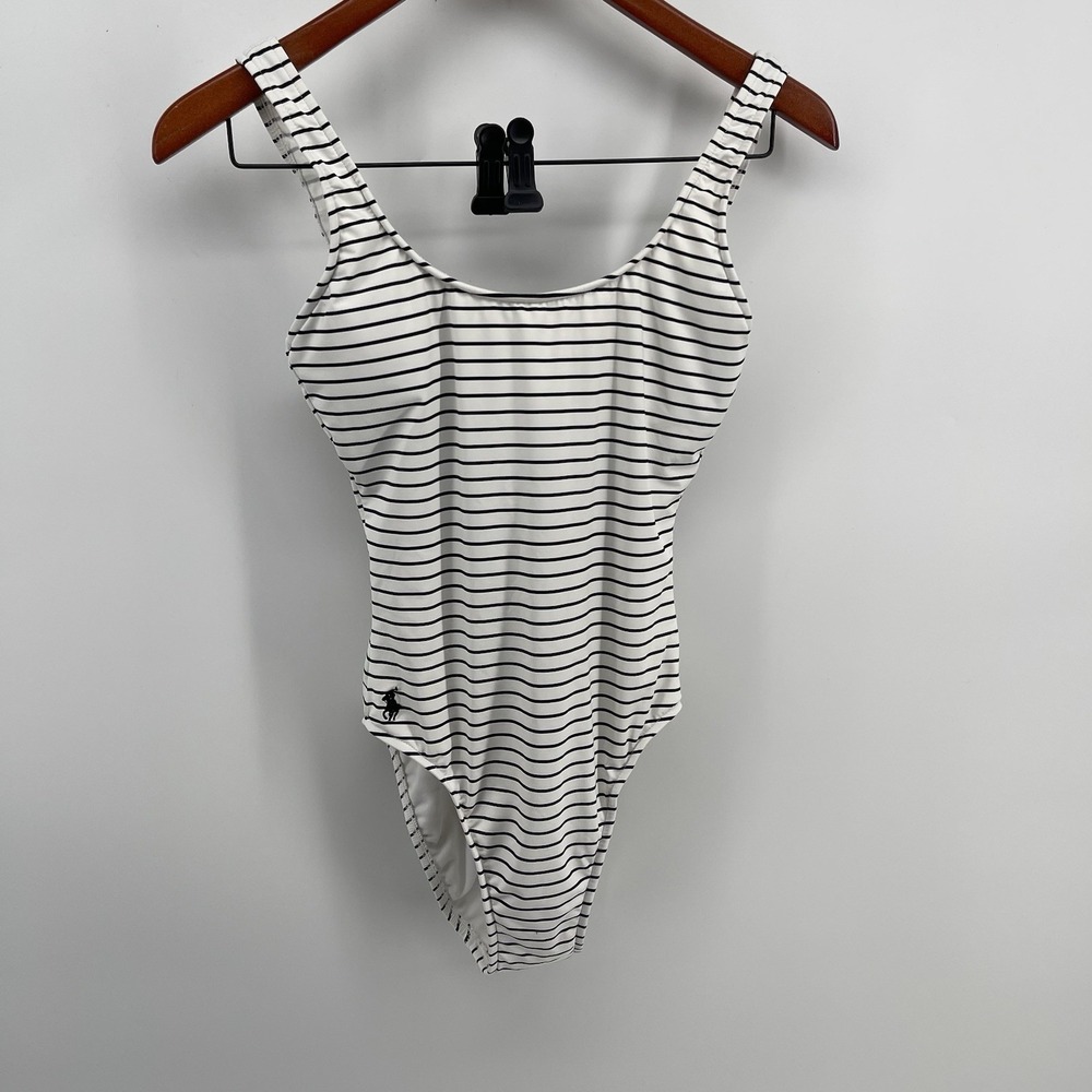 Polo Ralph Lauren Women's XS Black White Striped One Piece Swimsuit Open Back